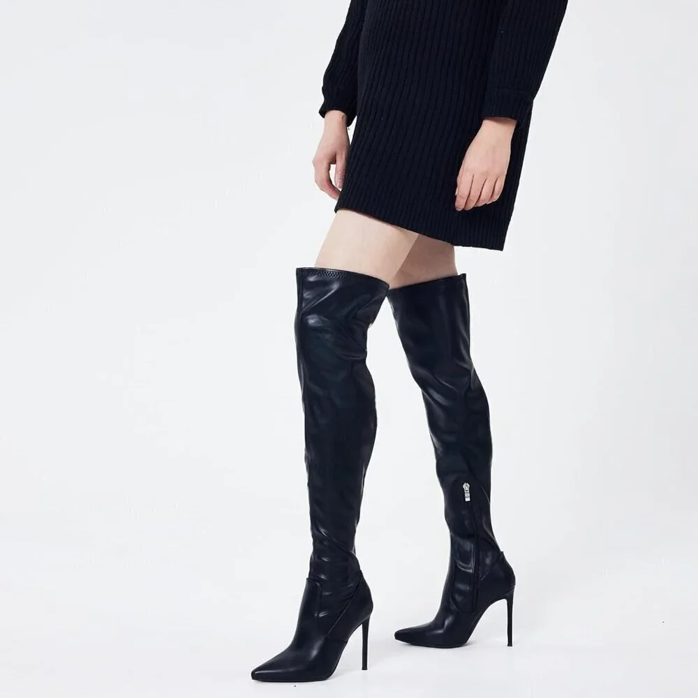 Women Black Matte Suede Pointed Toe 4.3 inch Stilettos Thigh High Heels Boots